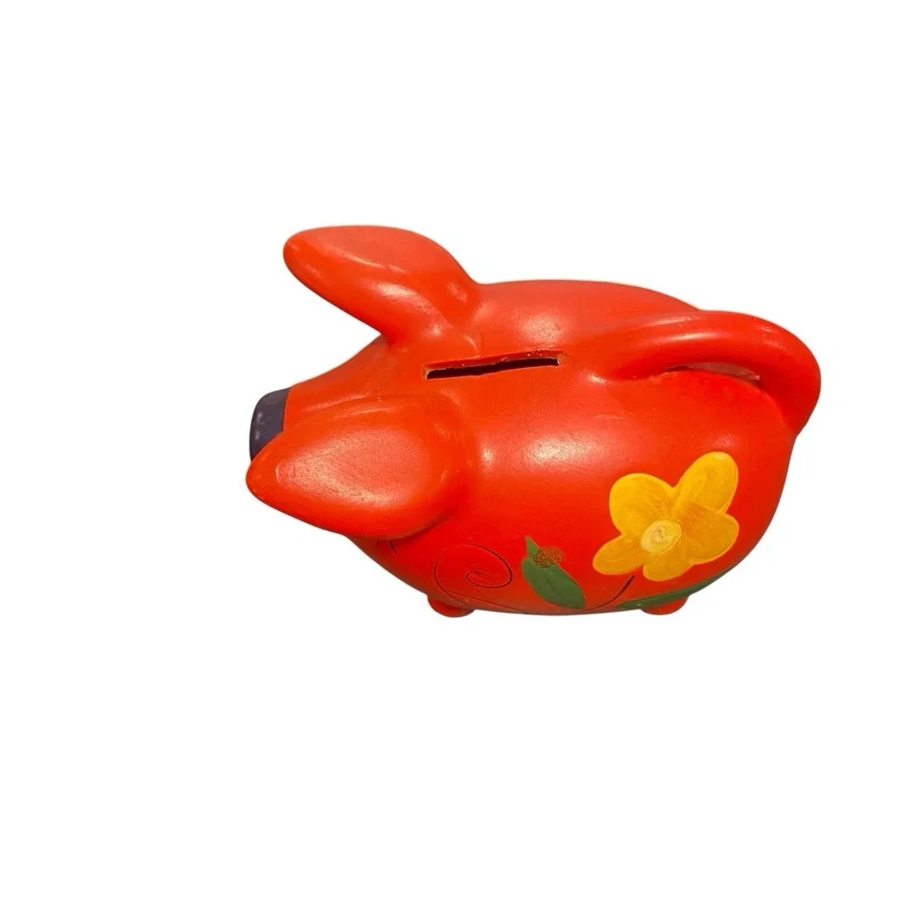 Folk Art Handpainted Piggy Bank Red/Yellow Flowers Tail Handle Ceramic Retro